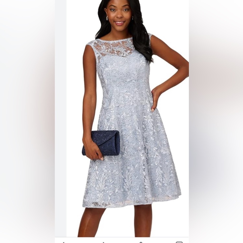 Adrianna Papell Fit & Flare Sequined Cocktail Dress sky blue, Size 10